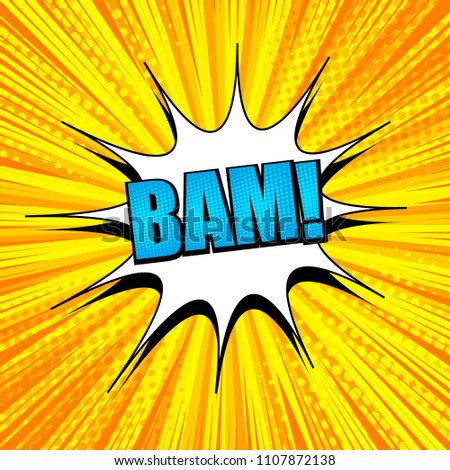 Comic book light concept with blue Bam inscription white speech bubble rays halftone and radial effects in yellow colors. Vector illustration