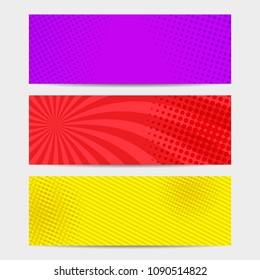 Comic book light horizontal banners with radial slanted lines and halftone humor effects in red yellow purple colors. Vector illustration