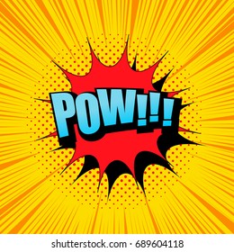 Comic book light template with blue Pow inscription, red speech bubble, rays and halftone effects on orange background in pop-art style. Vector illustration