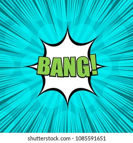 Comic book light template with green Bang wording white speech bubble circles radial and rays humor effects on turquoise background. Vector illustration