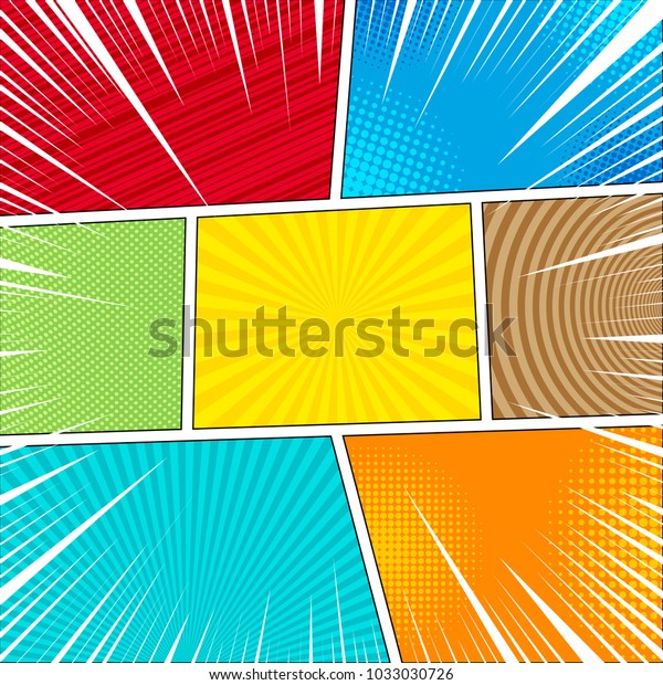 Comic book light template with halftone rays\
circles dotted radial striped effects in bright colors in pop-art\
style. Vector\
illustration