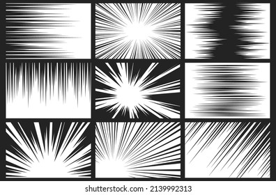 Comic book, manga or anime speed lines, zoom and motion effects. Cartoon superhero action background. Comics radial light flash and fast movement vector set