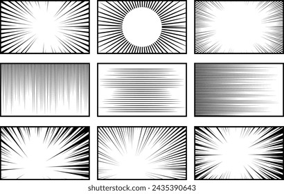 Comic book, manga or anime speed lines, zoom and motion effects, Comic book speed horizontal line cover speed texture action ray explosion hero drawing cartoon vector set