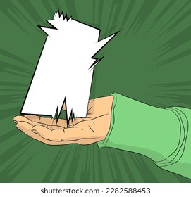 Comic Book Man's Hand Holding a blank speech bubble in his palm. Abstract pop art green background for Advertisement. Retro poster Template.