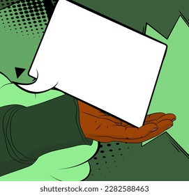 Comic Book Man's Hand Holding a blank speech bubble in his palm. Abstract pop art green background for Advertisement. Retro poster Template.