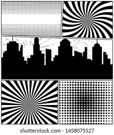 Comic book monochrome background with black cityscape halftone and radial humor effects. Vector illustration
