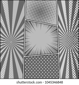 Comic book monochrome background with radial rays halftone and dotted humor effects. Vector illustration