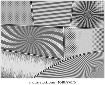 Comic book monochrome background with radial rays halftone stripes humor effects in gray colors. Vector illustration