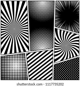 Comic book monochrome background with radial dotted stripes and rays humor effects in black and white colors. Vector illustration