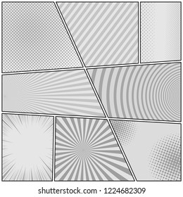 Comic book monochrome background with radial dotted striped circles rays and halftone humor effects in gray colors. Vector illustration