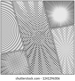 Comic book monochrome background with radial dotted circles rays and halftone humor effects in gray colors. Vector illustration