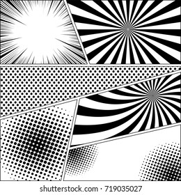 Comic book monochrome background with rays, halftone, dotted and radial effects in black and white colors. Blank template. Vector illustration