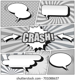 Comic book monochrome background with speech bubbles, arrows, shadows, rays, sound, radial, dotted, halftone effects in gray colors. Vector illustration