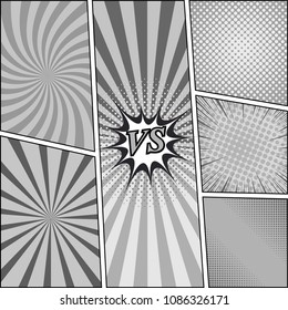 Comic book monochrome backgrounds set with duel radial rays and halftone humor effects in gray colors. Vector illustration