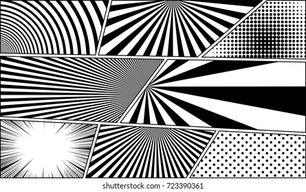 Comic book monochrome blank backgrounds set with different effects in black and white colors. Vector illustration