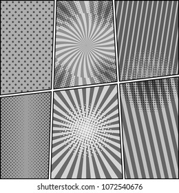 Comic book monochrome composition with radial dotted halftone striped humor effects in gray colors. Vector illustration