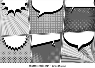 Comic book monochrome concept with blank speech bubbles in different shapes, dotted, rays, halftone and radial humor effects in gray colors. Pop-art style. Vector illustration