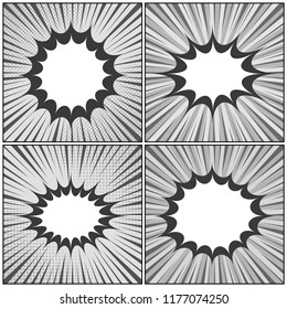 Comic book monochrome concept with blank speech bubbles radial rays and halftone effects. Vector illustration