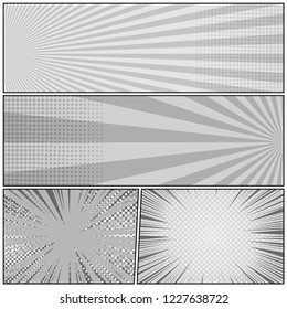 Comic book monochrome concept with radial dotted rays and halftone humor effects in gray colors. Vector illustration