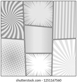 Comic book monochrome concept with radial striped rays and halftone humor effects in gray colors. Vector illustration