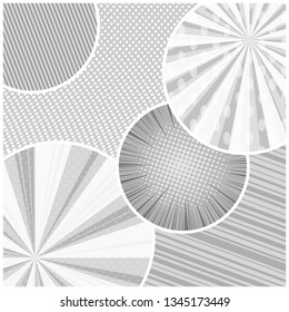 Comic book monochrome concept with radial halftone dotted rays and stripes humor effects. Vector illustration