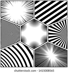 Comic book monochrome design background with radial halftone circles rays dotted and slanted lines humor effects in black and white colors. Vector illustration