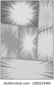 Comic book monochrome design concept with rays burst explosive and halftone humor effects in gray colors. Vector illustration