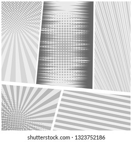 Comic book monochrome design concept with radial rays stripes and halftone humor effects. Vector illustration