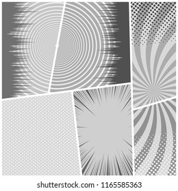 Comic book monochrome light background with radial circles halftone dotted humor effects in gray colors. Vector illustration