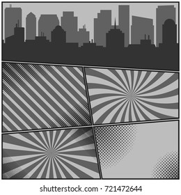 Comic book monochrome pages template with radial backgrounds and city silhouette. Monochromatic vector backgrounds in pop-art style
