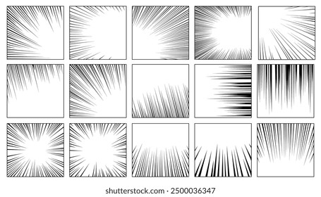 Comic book monochrome square backgrounds with manga speed lines dynamic motion effect and blank empty copy space isolated set. Simple wallpaper with explosion and light burst vector illustration