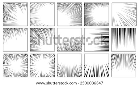 Comic book monochrome square backgrounds with manga speed lines dynamic motion effect and blank empty copy space isolated set. Simple wallpaper with explosion and light burst vector illustration