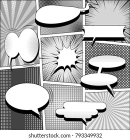 Comic book monochrome style background with blank speech bubbles of different shapes, rays, halftone, radial and dotted effects in gray colors. Vector illustration