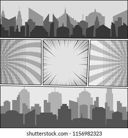 Comic book monochrome template with city silhouettes halftone rays radial humor effects in gray colors. Vector illustration