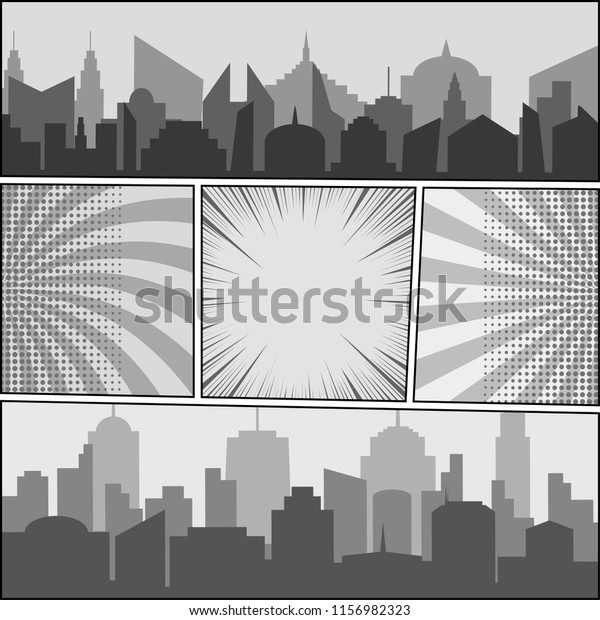 Comic\
book monochrome template with city silhouettes halftone rays radial\
humor effects in gray colors. Vector\
illustration