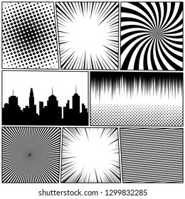 Comic book monochrome template with cityscape and different humor effects in black and white colors. Vector illustration