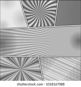 Comic book monochrome template with radial dotted slanted lines and halftone humor effects in gray colors. Pop-art style. Vector illustration