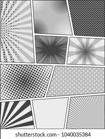 Comic book monochrome template with radial rays halftone humor effects in gray colors. Vector illustration
