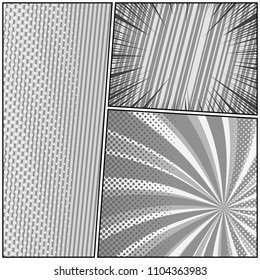 Comic book monochrome template with radial dotted striped halftone slanted lines rays humor effects in gray colors. Vector illustration