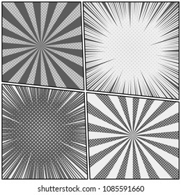 Comic book monochrome templates set with radial dotted and rays effects in gray colors. Vector illustration