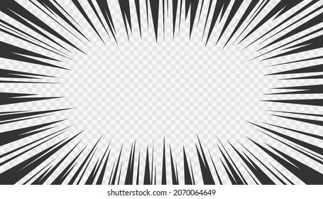 Comic book motion effect. Manga action frame lines. Black rays on transparent background. Bomb explosion or high speed mockup. Vector cartoon illustration