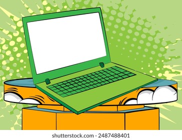 Comic Book notebook, laptop product podium stage for presentation. Retro comics background.