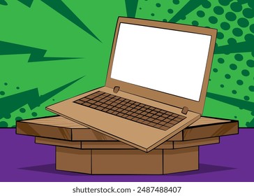 Comic-Book-Notebook, Laptop-Produkt Podium für die Präsentation. Retro Comics Hintergrund.