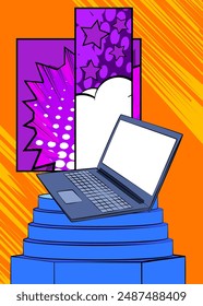Comic Book notebook, laptop product podium stage for presentation. Retro comics background.