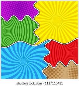 Comic book original background with bright dotted circles radial halftone humor effects and wavy dividing lines. Vector illustration