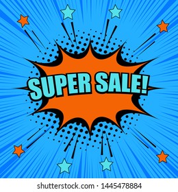 Comic book page abstract discount template with Super Sale wording orange speech bubble stars sound halftone and rays humor effects. Vector illustration