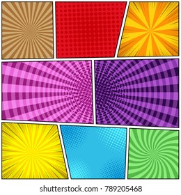 Comic book page background of colorful templates with halftone round rays radial effects in bright colors. Vector illustration