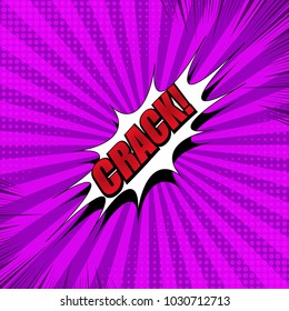 Comic book page background with Crack wording white speech bubble radial rays and halftone humor effects. Vector illustration