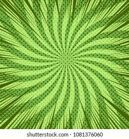 Comic book page background with dark rays and dotted humor effects on green twisted radial pattern. Vector illustration