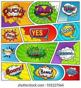 Comic book page background divided by lines. Retro background mock-up and sound effect. Comics template. Vector illustration